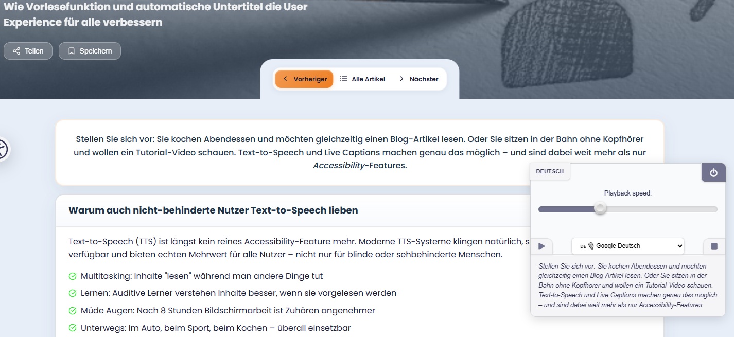 Text-to-Speech Screenshot der afe-toolbar Website mit aktiviertem TTS Player
